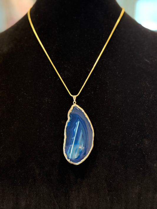Blue Agate Slice Pendant Necklace (Gold-Plated) Charged by Lionsgate + Full Moon