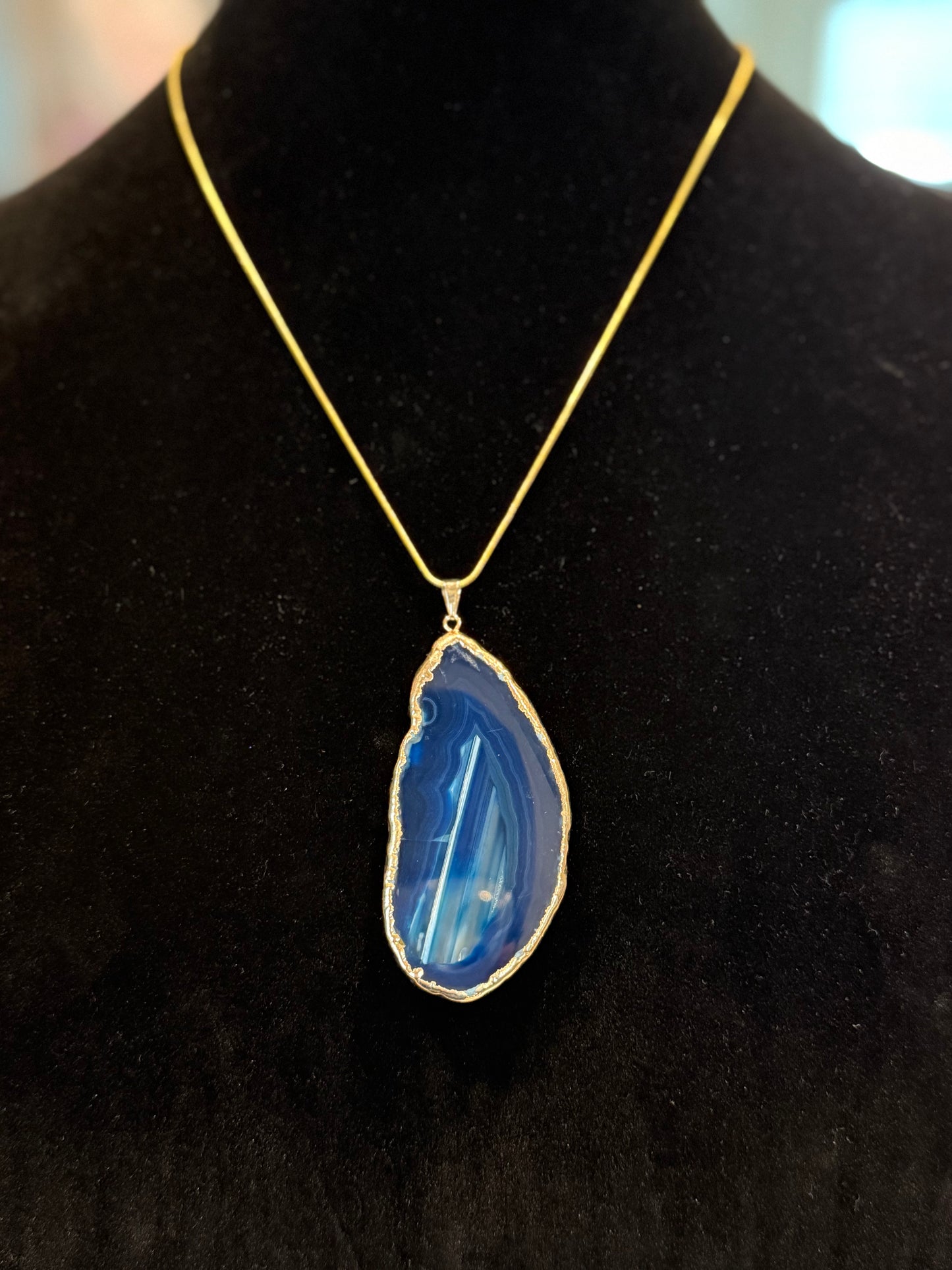 Blue Agate Slice Pendant Necklace (Gold-Plated) Charged by Lionsgate + Full Moon